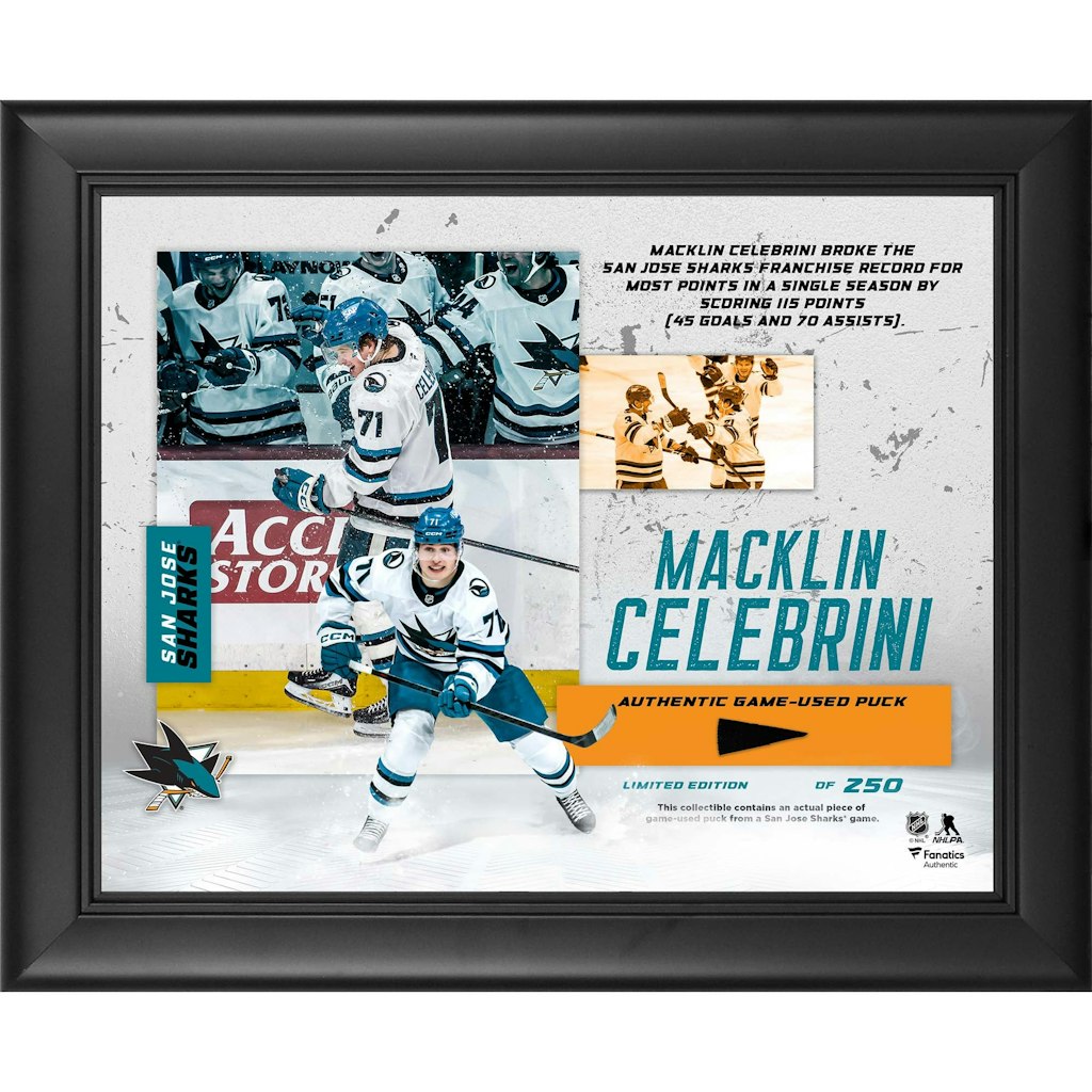 Macklin Celebrini San Jose Sharks 13" x 16" Framed Game-Used Puck Display: $79.99 Macklin Celebrini San Jose Sharks 13" x 16" Framed Game-Used Puck Display: $79.99