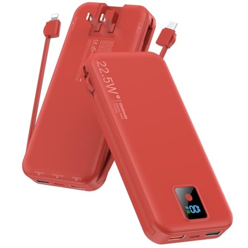 Rngsnoy 12,000mAh 22.5W Portable Charger w/ Built-in Cable and Wall Plug: $24.98
