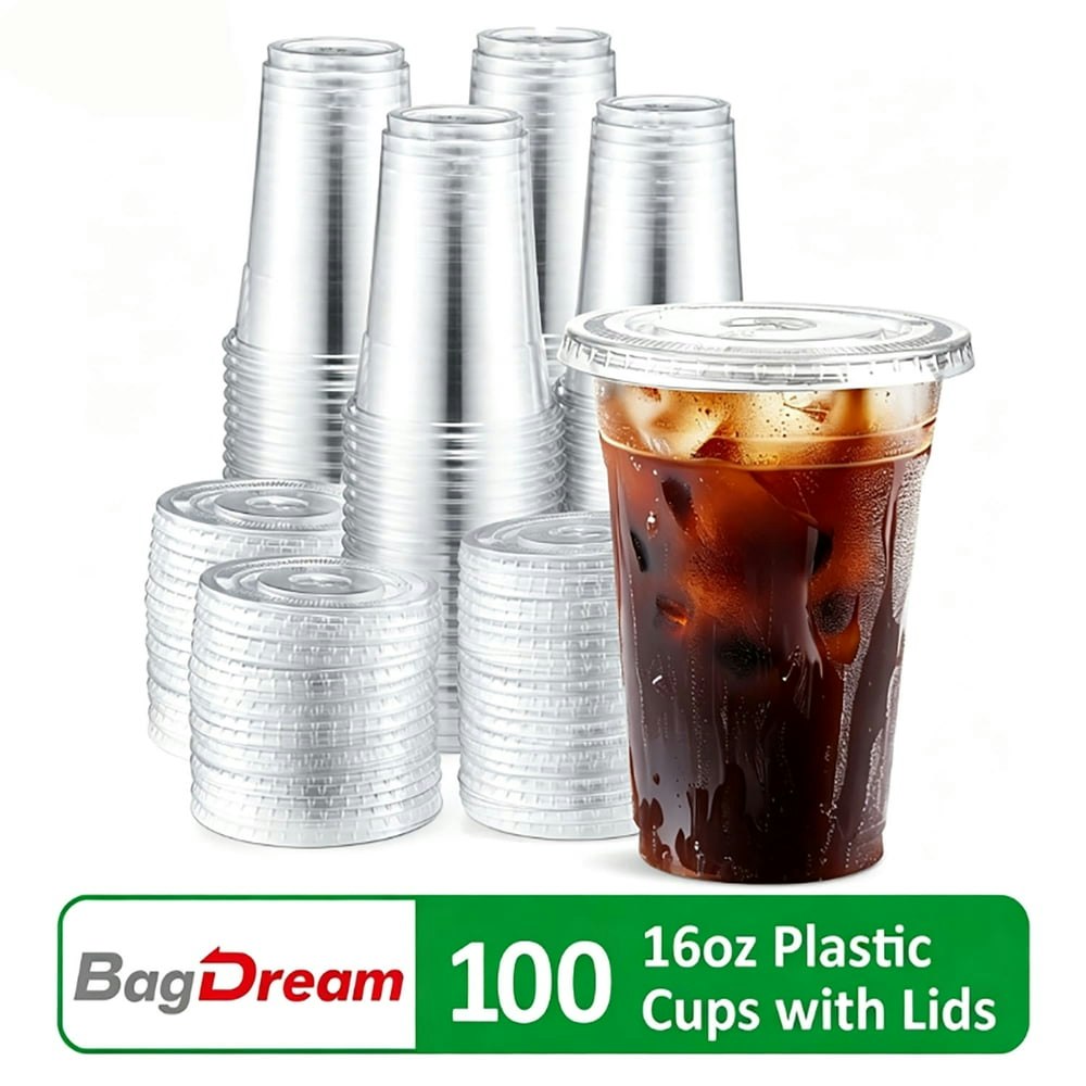 BagDream 16oz Clear Plastic Cups with Lids 100-Pack: $18.04 BagDream 16oz Clear Plastic Cups with Lids 100-Pack: $18.04