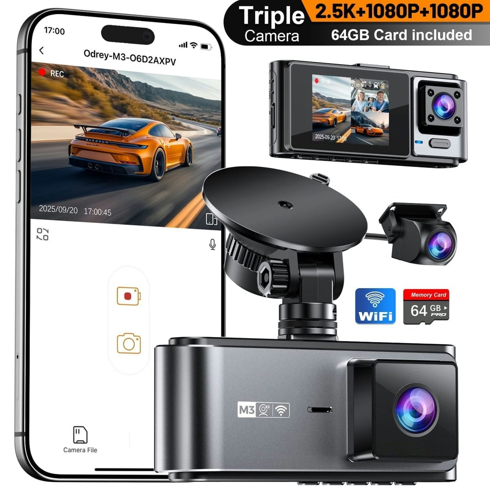 Odrey 3-Channel 2.5K Dash Cam with 64GB Card: $59.99