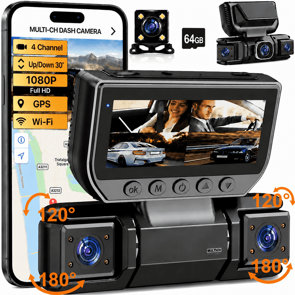 4-Channel 1080p Front and Rear Dash Cam with 64GB Card: $59.99