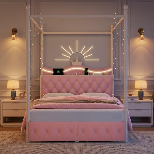 Keyluv Queen Upholstered LED Canopy Bed Frame: $275.48