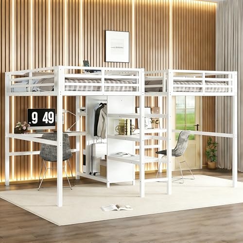 Bellemave Twin-Over-Twin Metal Loft Bed with Desk and Wardrobe: $454.98