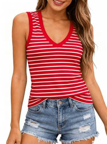 Prettywear Women's Striped V-Neck Ribbed Tank Top: $14.44