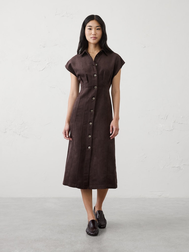 Vegan Suede Seamed Midi Shirtdress: $75 Vegan Suede Seamed Midi Shirtdress: $75