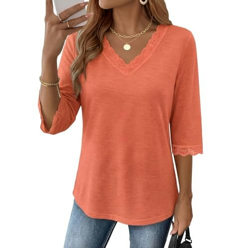 Aizhineng Women's 3/4 Sleeve V-Neck Lace Tunic Blouse: $9.49