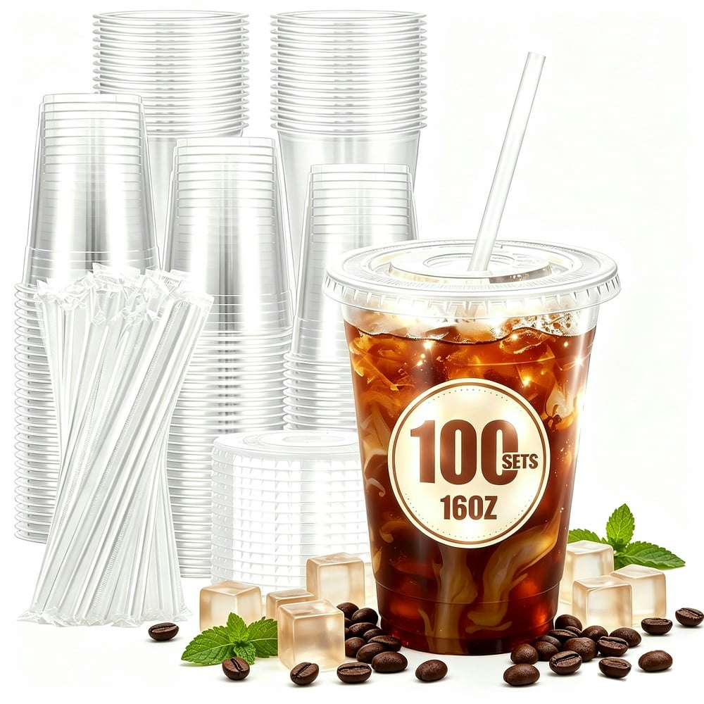 Lamosi 16-oz. Plastic Cups with Lids and Straws 100-Pack: $19.88