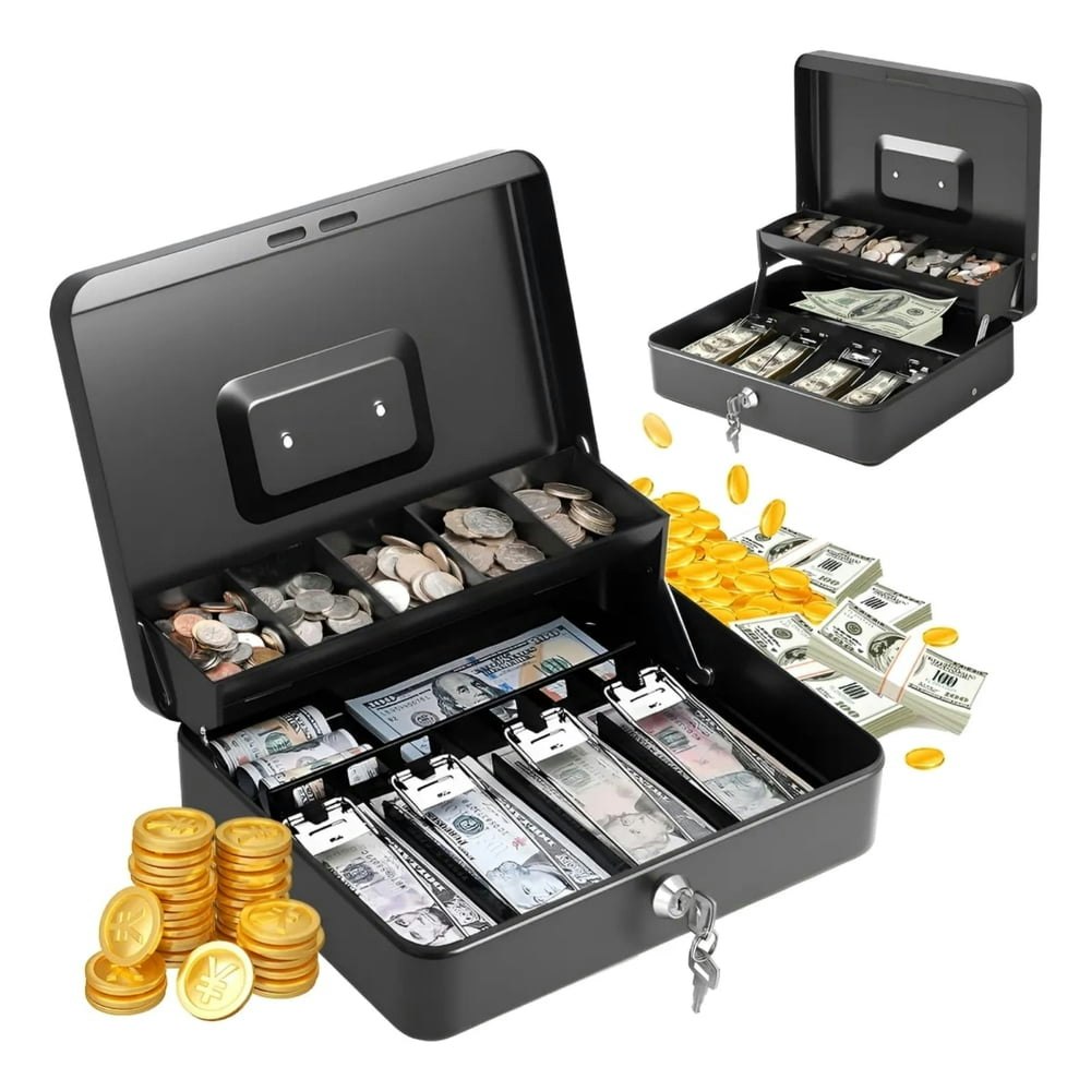 Oddpc 11.8x9.44x3.54in Cash Box with Money Tray and Lock: $24.99 Oddpc 11.8x9.44x3.54in Cash Box with Money Tray and Lock: $24.99