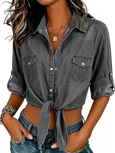 Tolovic Women's 3/4 Sleeve Denim Crop Top: $19.98