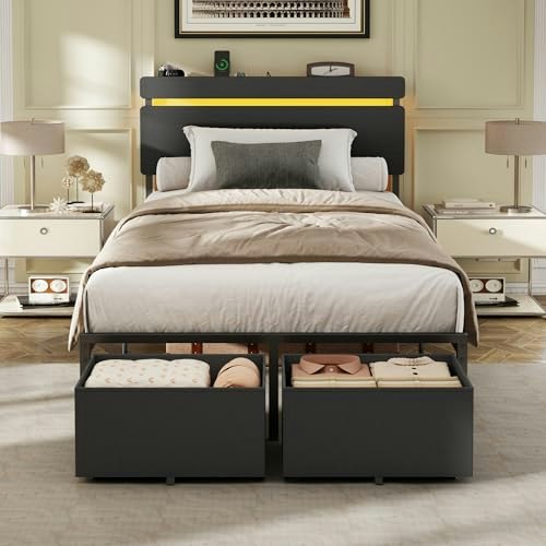 Forestell Twin Bed Frame with Wood Headboard and Storage Drawers: $89.99