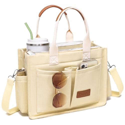 Zhmo Canvas Tote Bag with Zipper and Compartments: $22.78 Zhmo Canvas Tote Bag with Zipper and Compartments: $22.78