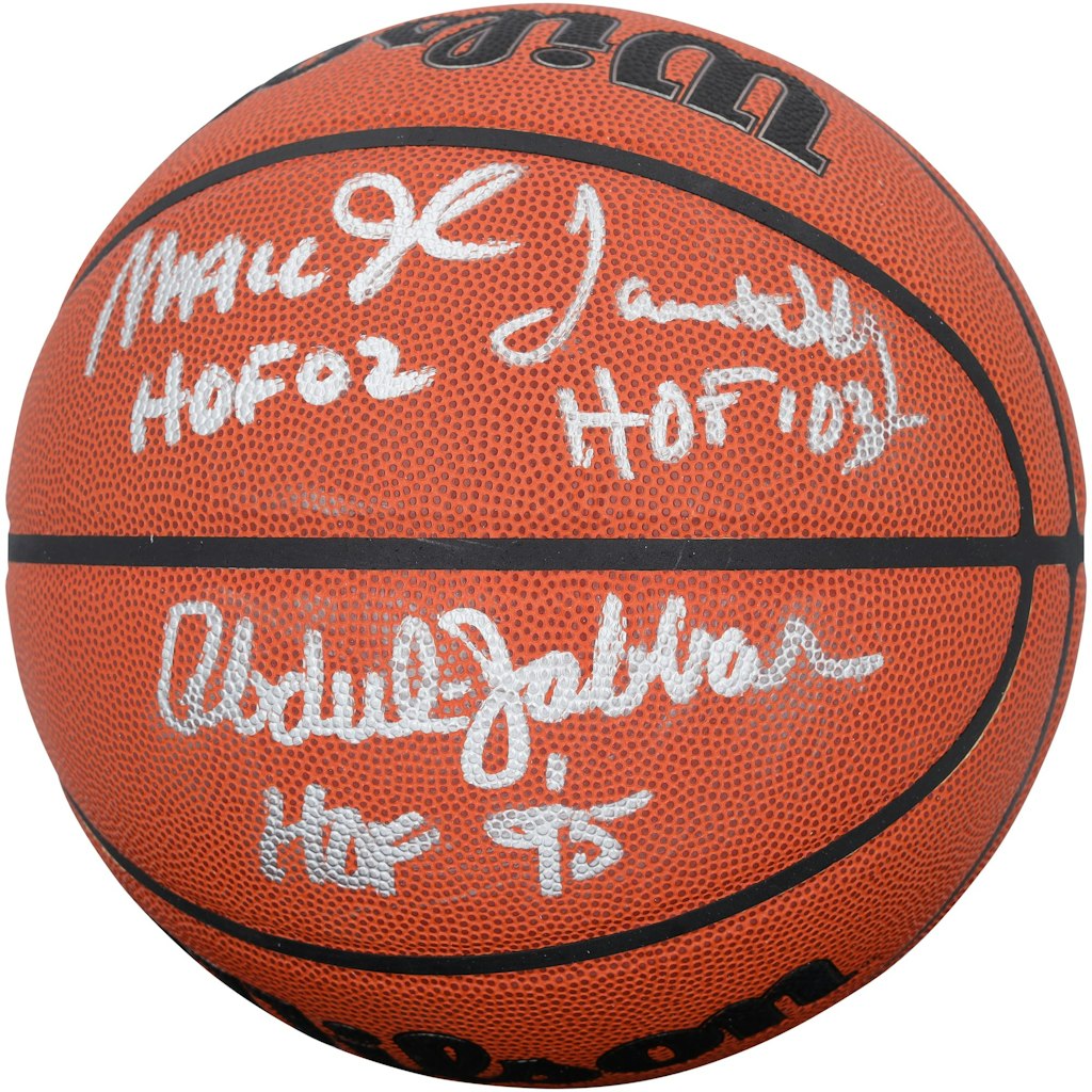 Magic Johnson, Kareem Abdul-Jabbar, and James Worthy Autographed Wilson Authentic Basketball: $1,399.99 Magic Johnson, Kareem Abdul-Jabbar, and James Worthy Autographed Wilson Authentic Basketball: $1,399.99