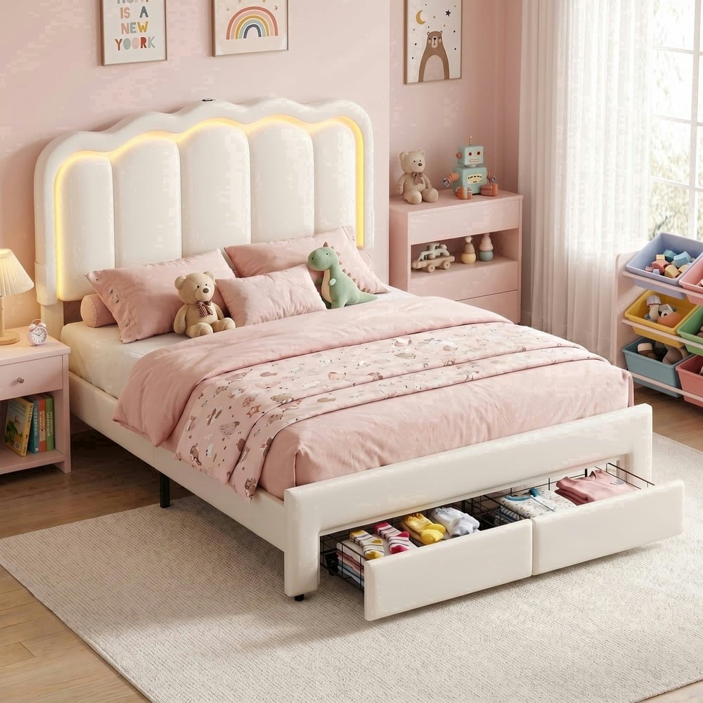 Hijob Full Size LED Upholstered Platform Bed with Storage Drawers: $169 Hijob Full Size LED Upholstered Platform Bed with Storage Drawers: $169
