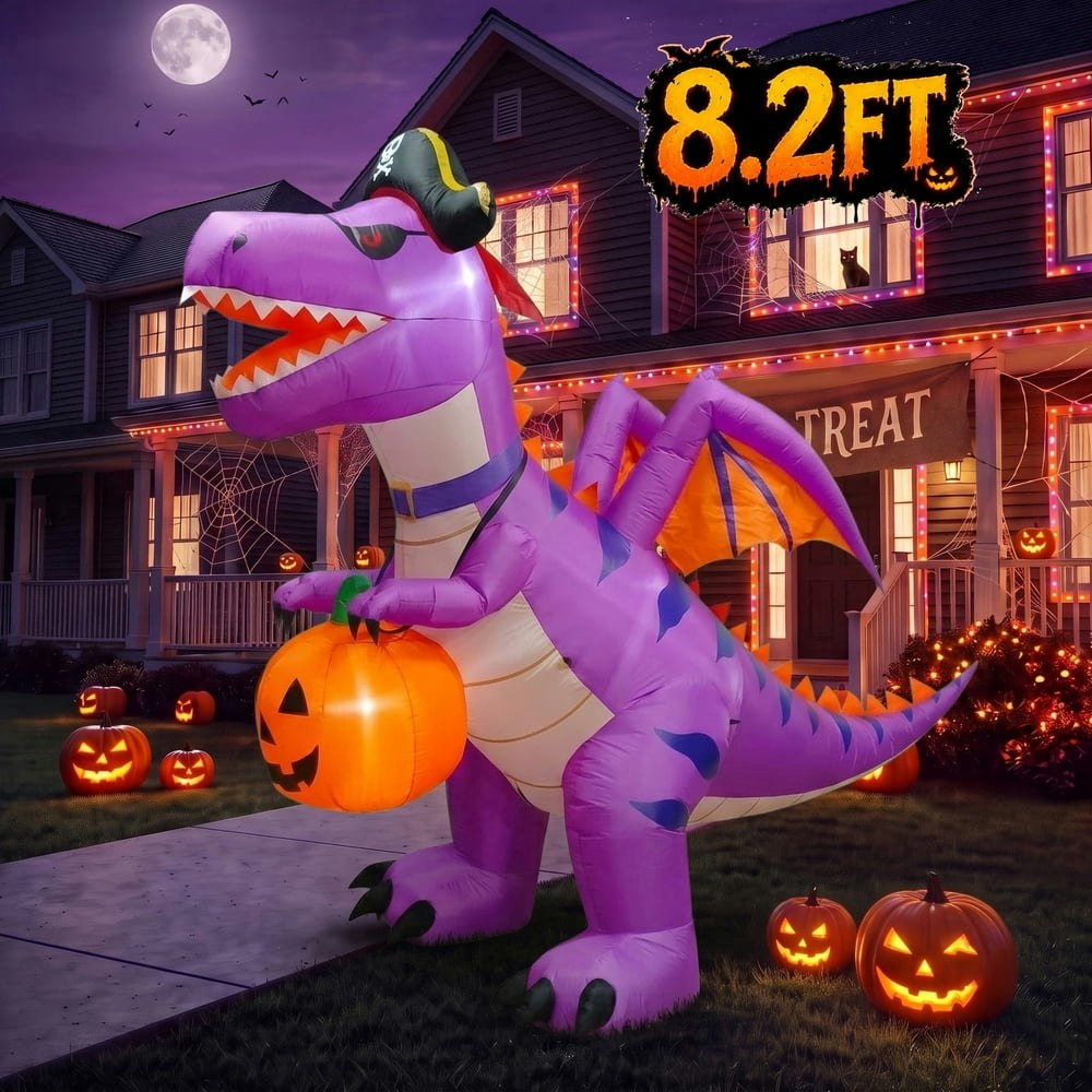 Glazina 8.2-Foot Halloween Inflatable Purple Pirate Dinosaur with Pumpkin: $46.99
