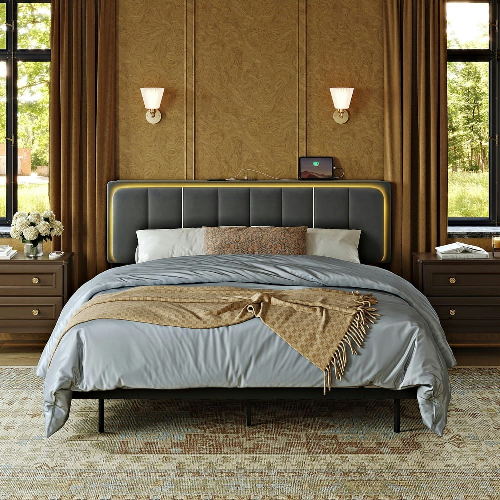Gunaito Queen Upholstered Floating Bed Frame with Storage Headboard and LED Lights: $109.99