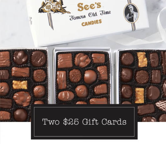 Two $25 See's Candies Gift Cards ($50 Value): $40 Two $25 See's Candies Gift Cards ($50 Value): $40