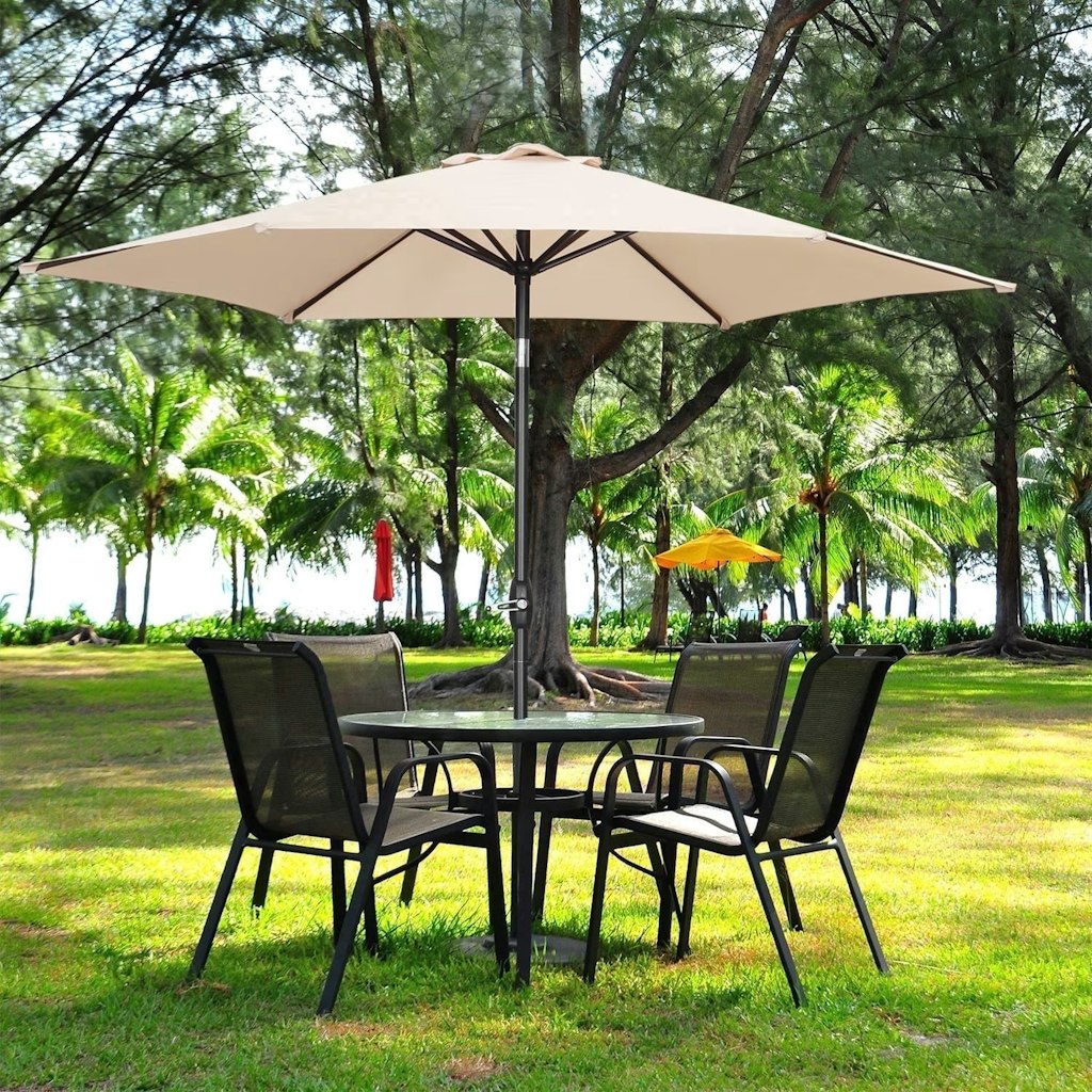 Ainfox 9' Khaki Patio Umbrella w/ Push Button Tilt & Crank: $36