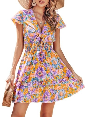 Prettygarden Women's Boho Floral Mini Tiered Bow Dress: $40.79 Prettygarden Women's Boho Floral Mini Tiered Bow Dress: $40.79
