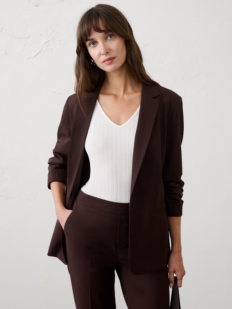 Sculpted Stretch Ruched-Sleeve Blazer: $90