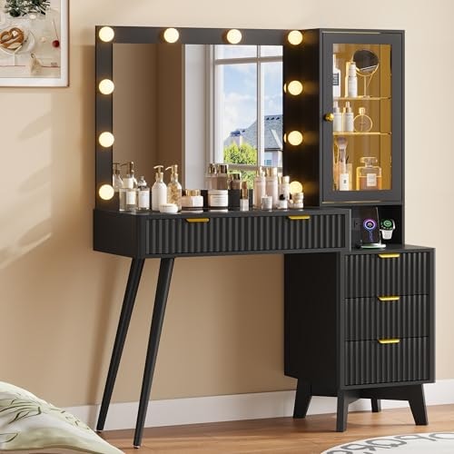 45-Inch Fluted Wood Makeup Vanity Desk with Mirror and Lights: $195.49 45-Inch Fluted Wood Makeup Vanity Desk with Mirror and Lights: $195.49