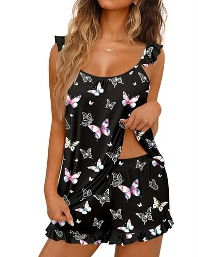 Ekouaer Women's 2-Piece Ruffle Cami and Shorts Pajama Set: $14.98 Ekouaer Women's 2-Piece Ruffle Cami and Shorts Pajama Set: $14.98
