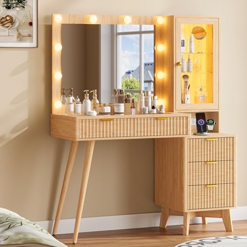 45-Inch Fluted Wood Makeup Vanity Desk with Mirror and Lights: $195.49 45-Inch Fluted Wood Makeup Vanity Desk with Mirror and Lights: $195.49