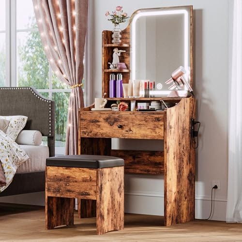 Likimio Small Vanity Desk with Mirror, Lights, and Stool: $109.24