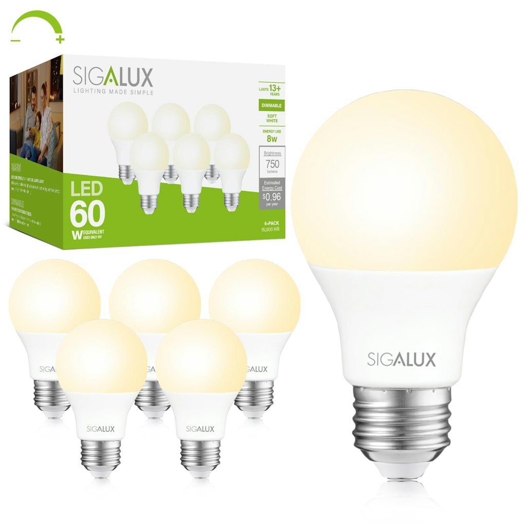 Sigalux EcoBright T20 A19 8W Dimmable LED Light Bulb 6-Pack: $10