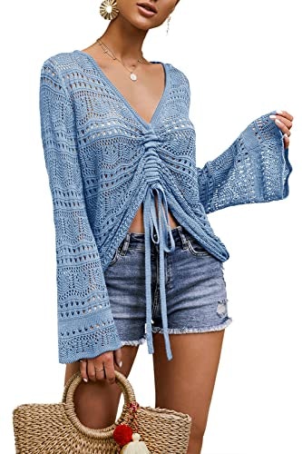 Saodimallsu Women's V-Neck Crochet Bell Sleeve Blouse: $25.46 Saodimallsu Women's V-Neck Crochet Bell Sleeve Blouse: $25.46