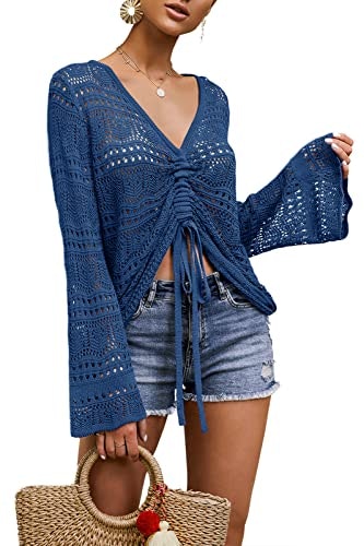 Saodimallsu Women's V-Neck Bell Sleeve Crochet Tie Front Blouse: $25.48 Saodimallsu Women's V-Neck Bell Sleeve Crochet Tie Front Blouse: $25.48