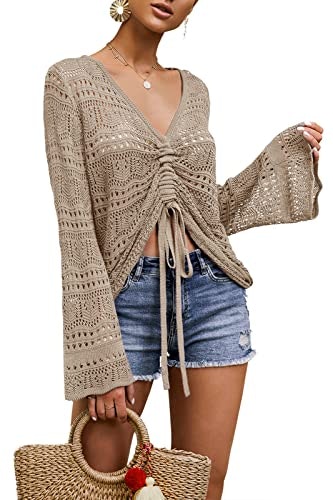 Saodimallsu Women's V-Neck Bell Sleeve Crochet Blouse: $25.46