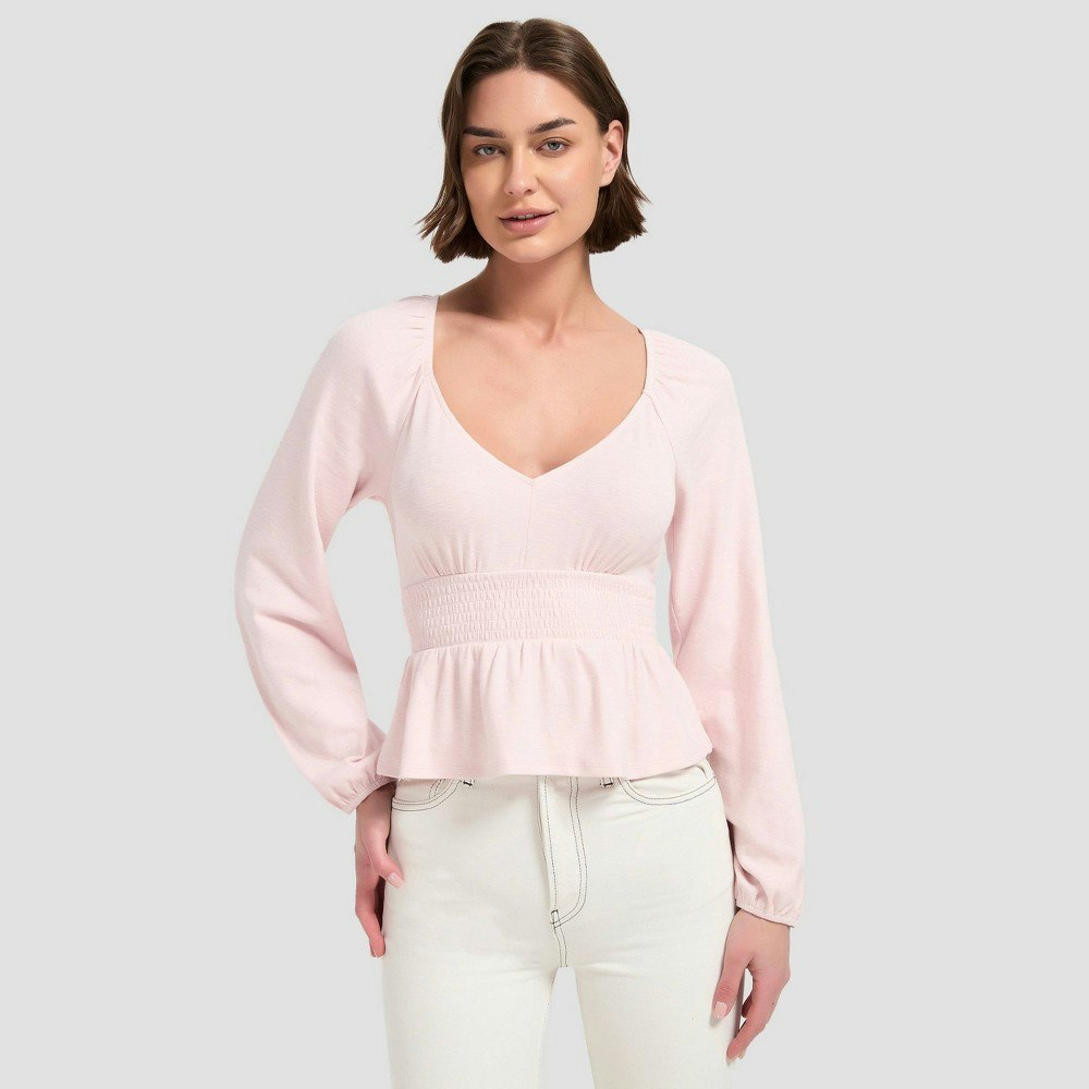 Women's Puff Long Sleeve Smocked Waist V-Neck T-Shirt: $28 Women's Puff Long Sleeve Smocked Waist V-Neck T-Shirt: $28