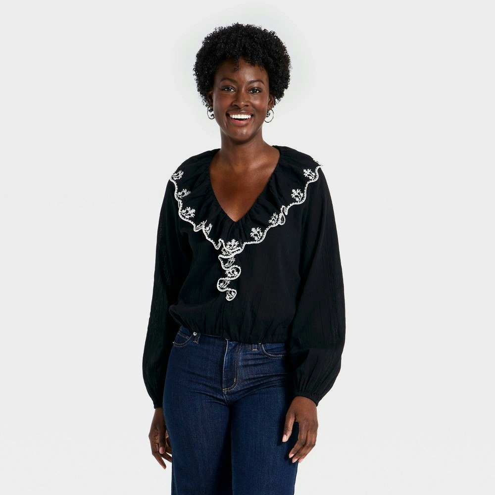 Universal Thread Women's Balloon Long Sleeve Ruffle Embroidered V-Neck Blouse: $30 Universal Thread Women's Balloon Long Sleeve Ruffle Embroidered V-Neck Blouse: $30