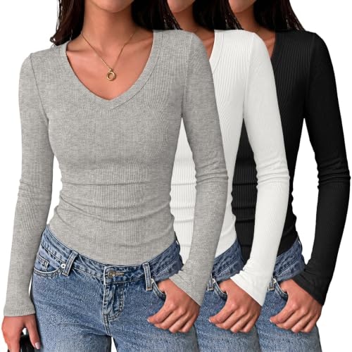 Zeagoo Women's V-Neck Ribbed Long Sleeve T-Shirt 3-Pack: $23.98