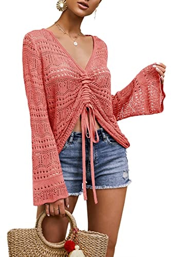Saodimallsu Women's V-Neck Bell Sleeve Crochet Blouse: $25.48 Saodimallsu Women's V-Neck Bell Sleeve Crochet Blouse: $25.48