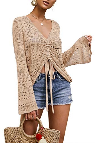 Saodimallsu Women's V-Neck Crochet Bell Sleeve Blouse: $25.46