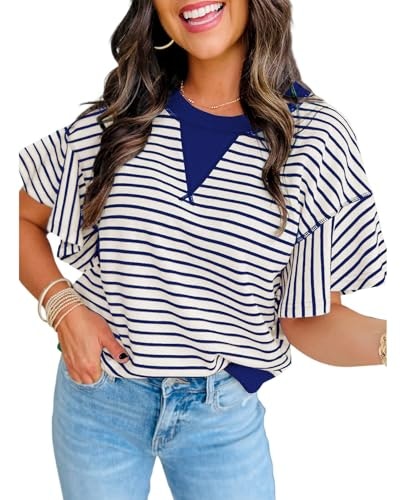 Women's Striped Ruffle Short Sleeve Top: $16.99