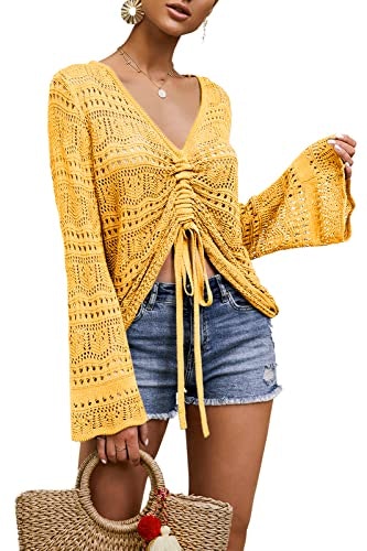 Saodimallsu Women's V-Neck Crochet Bell Sleeve Blouse: $25.48 Saodimallsu Women's V-Neck Crochet Bell Sleeve Blouse: $25.48