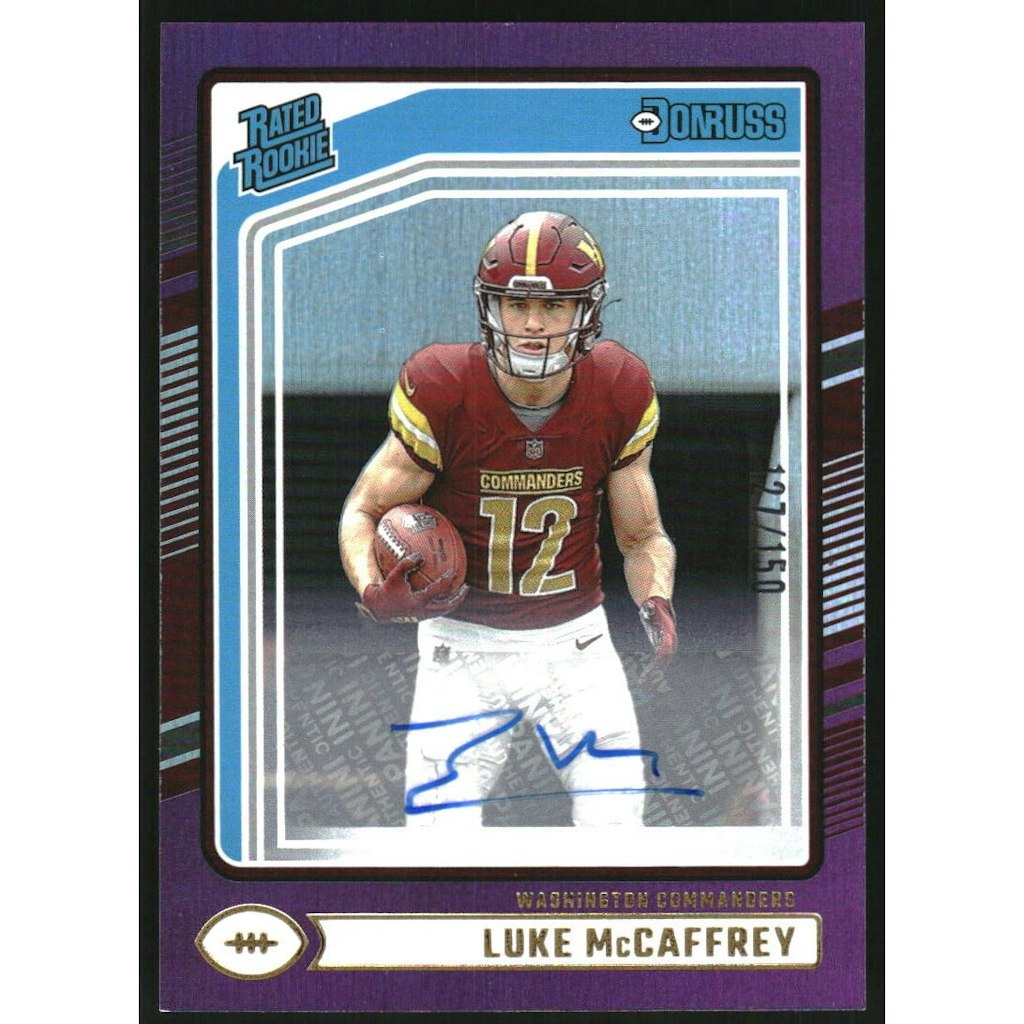 2024 Donruss Rated Rookies Luke McCaffrey Purple Autograph Card: $22.50 2024 Donruss Rated Rookies Luke McCaffrey Purple Autograph Card: $22.50