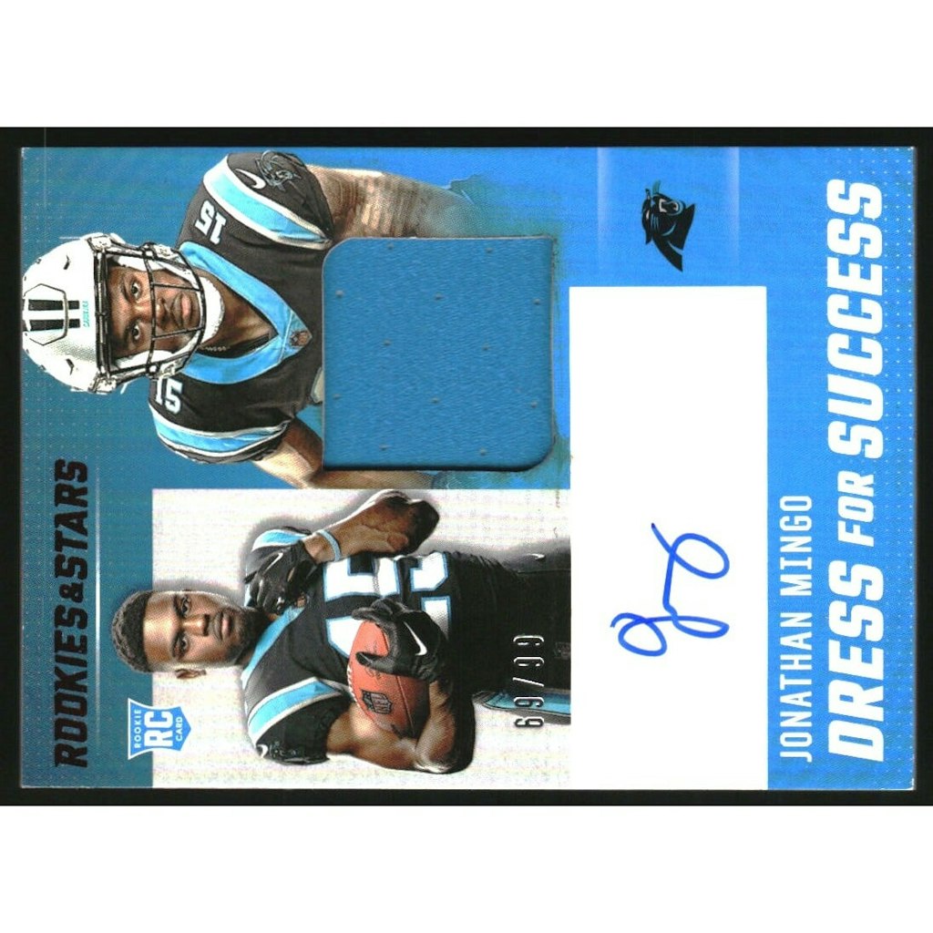 Jonathan Mingo 2023 Rookies and Stars Dress for Success Jersey Autograph Card: $13.50 Jonathan Mingo 2023 Rookies and Stars Dress for Success Jersey Autograph Card: $13.50