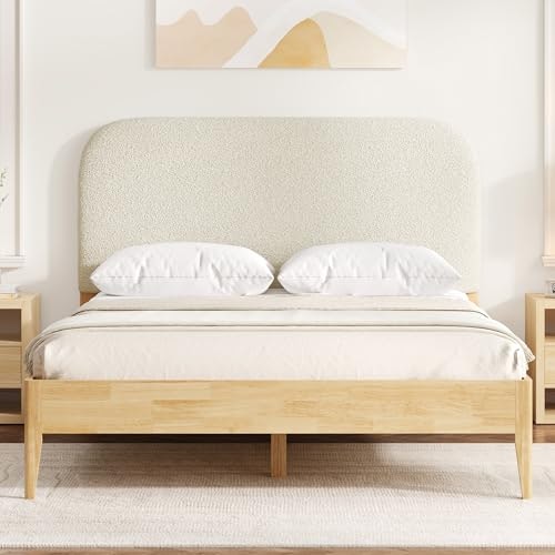 Kislot Queen Oat Boucle Wood Bed Frame with USB and Type-C: $219.99