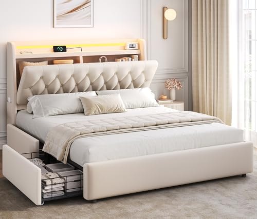 Beige Upholstered Full LED Bed Frame with 2 Storage Drawers: $238.49 Beige Upholstered Full LED Bed Frame with 2 Storage Drawers: $238.49