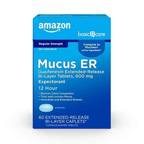 Amazon Basic Care 600mg Guaifenesin 12-Hour Expectorant 60-Count Tablets: $12.57