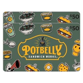 Two $50 Potbelly Sandwich Works Gift Cards ($100 Value): $75 Two $50 Potbelly Sandwich Works Gift Cards ($100 Value): $75
