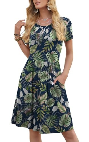 DouBCQ Women's Short Sleeve Pleated Tropical Leaf Dress: $18.99