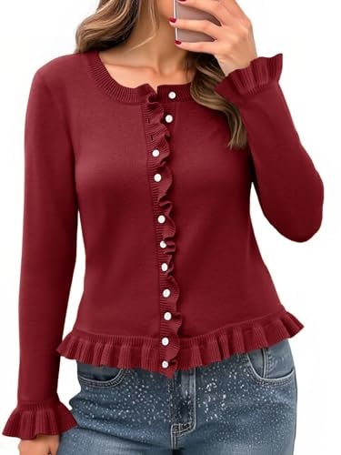 Saodimallsu Women's Ruffle Long Sleeve Cropped Cardigan: $33.96 Saodimallsu Women's Ruffle Long Sleeve Cropped Cardigan: $33.96