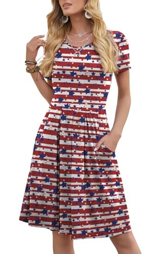 DouBCQ Women's Casual Short Sleeve Striped Flag Print Pleated Dress: $16.99