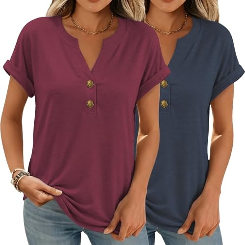 Women's Short Sleeve V-Neck Henley Shirt 2-Pack: $14.98