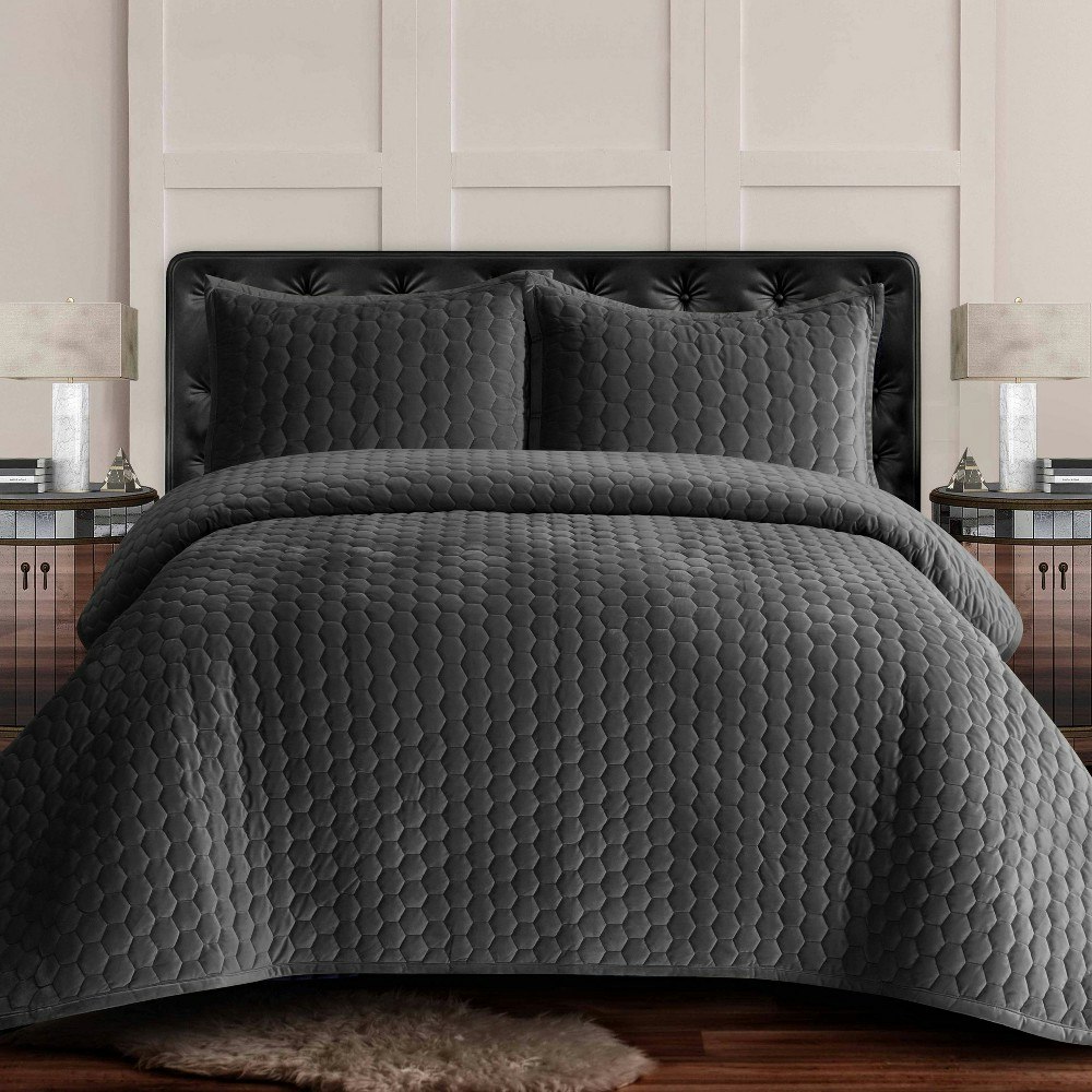 Tribeca Living Queen Lugano Honeycomb Velvet Quilt Bedding Set: $86.99
