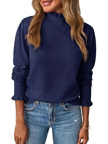 Saodimallsu Women's Ruffle Mock Neck Puff Sleeve Knit Sweater: $22.48